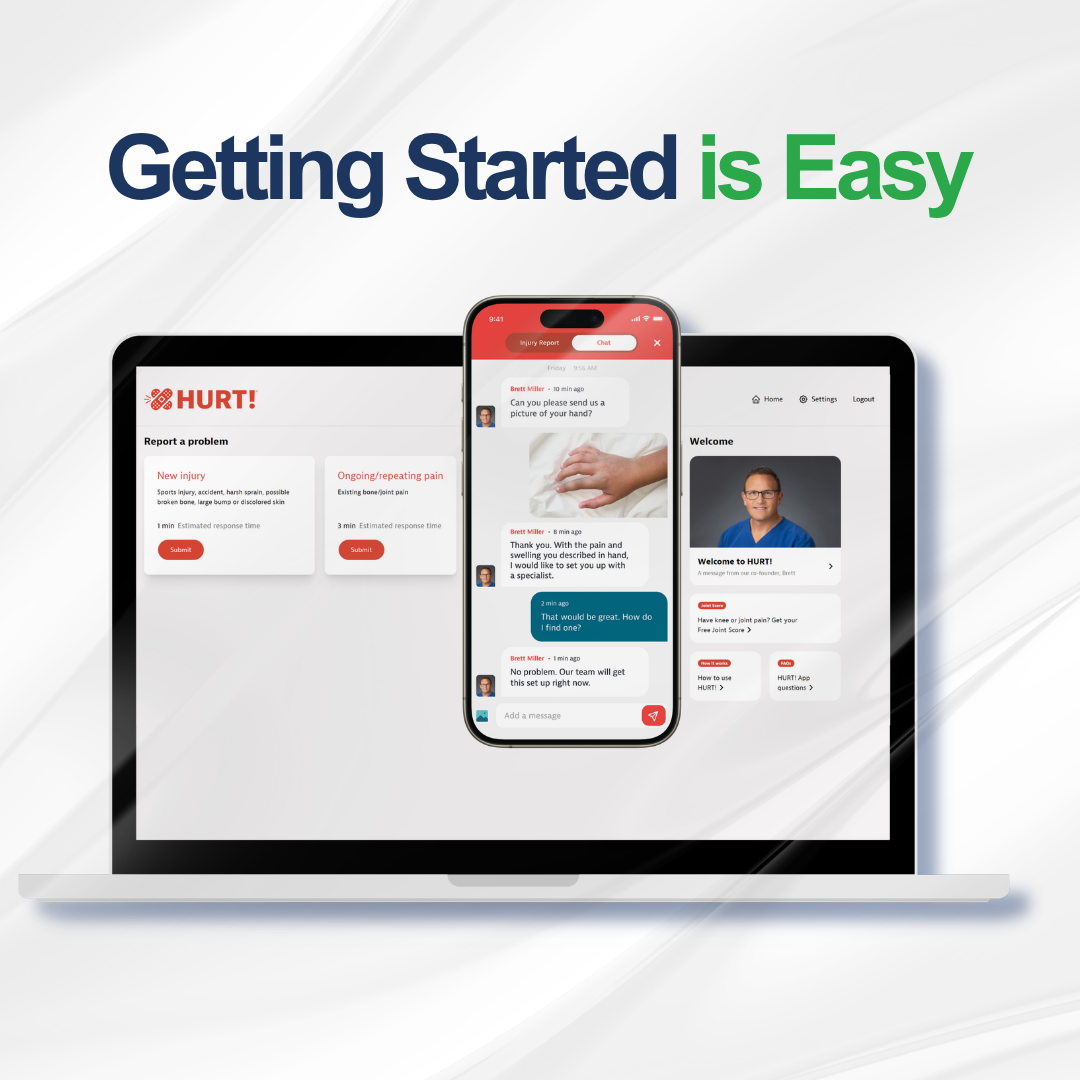 Example of the HURT! after-hours orthopedic messaging experience on desktop and mobile